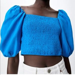 Zara Blue Puff Sleeve Smocked Crop Top